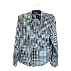 GAP Mens Button Down Shirt Size L Blue Plaid Cotton Stretch Casual Oxford